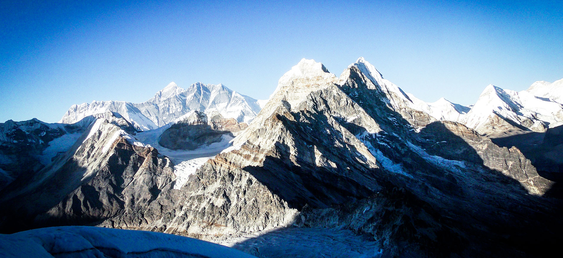 Everest, Lhotse, Nuptse, Peak 41 and other peaks from Mera High Camp on the Mera Peak Expedition