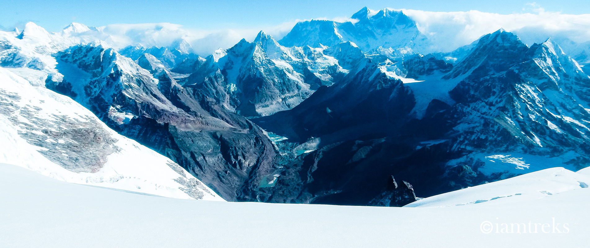 Everest, Nuptse, Lhotse, Cho Oyu, Amadablam, Peak 41 and other Himalayan giants as seen from Mera Peak Summit trail