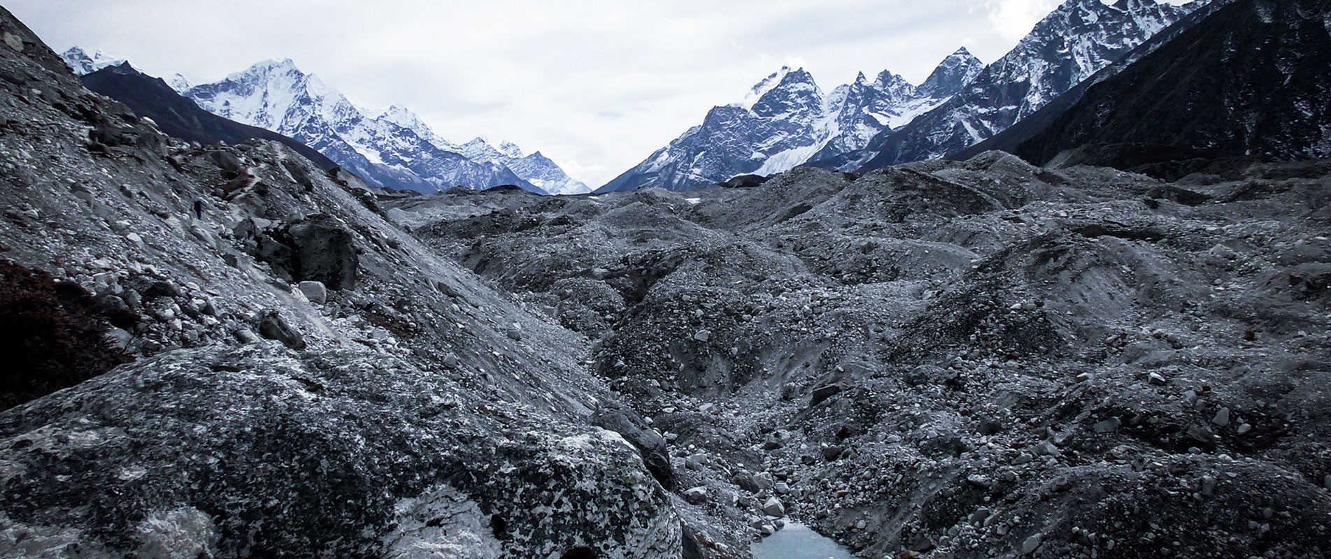 Gojumba glacier from Gokyo to Dragnag with Thamserku, Kantanga and other Himalayan peaks in the background while on the Everest Three Passes Trek